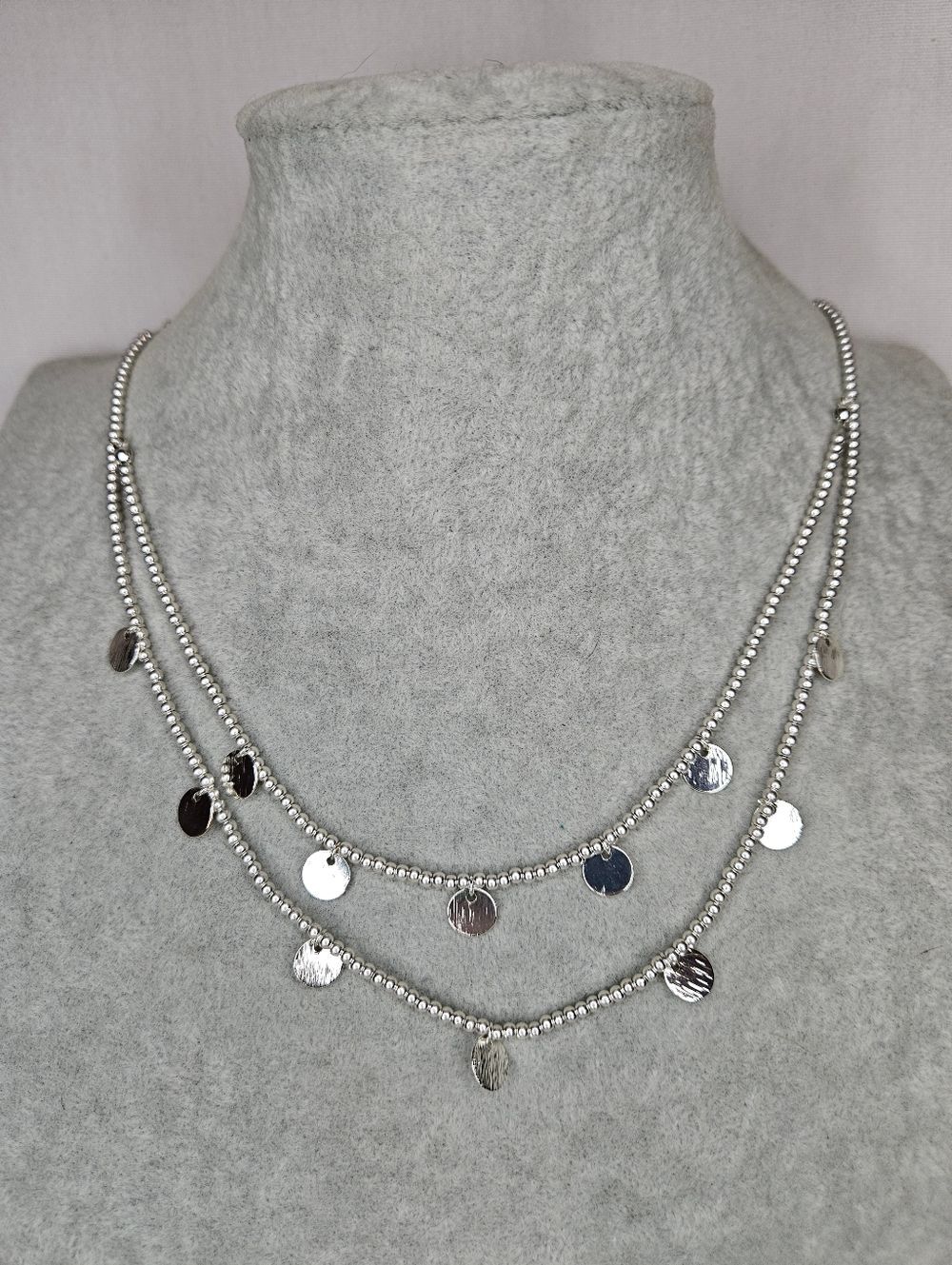 Boho Chic Silvertone Double Layer Confetti Disc Necklace NWT